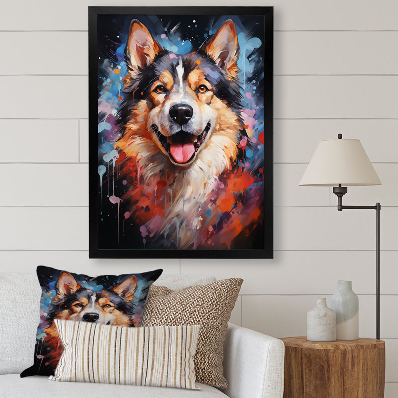 Chien Akita Aurora IV sur toile, Cadre simple noir, H 44 po x l 34 po x P 1,5 po