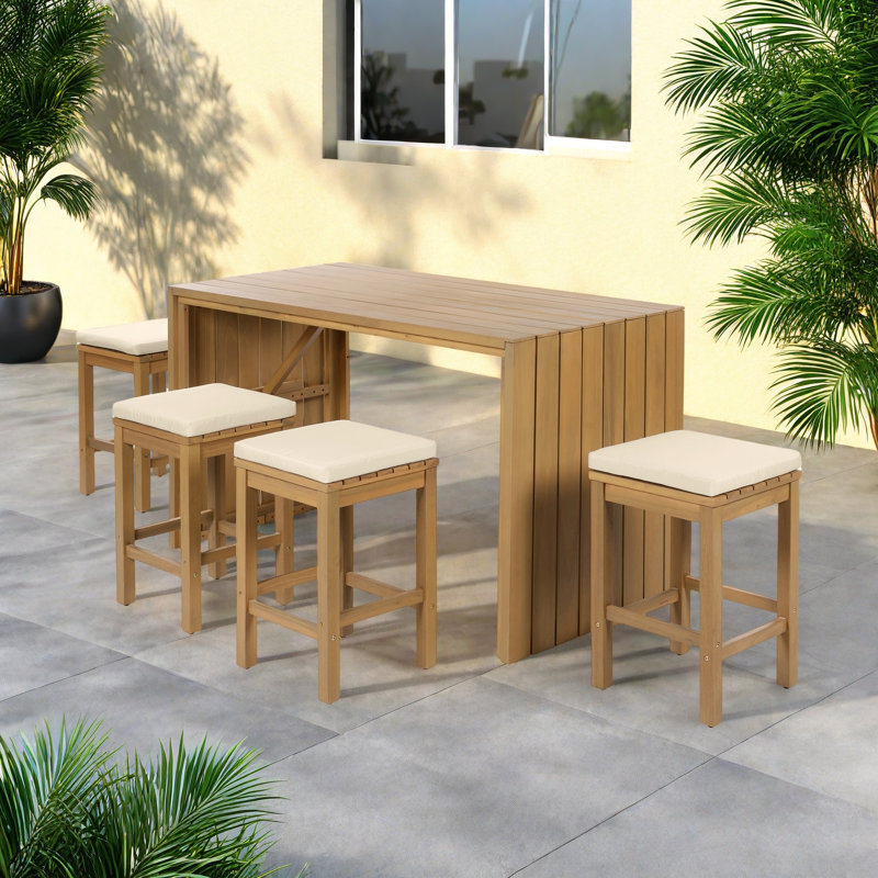 5 Pieces Outdoor Bar Set Included 1 Height Table & Four Stools With Cushions