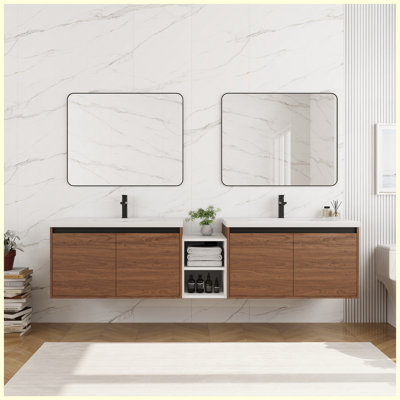 Meuble-lavabo mural 84 po avec lavabo à poser en résine, meuble-lavabo flottant avec 4 portes à fermeture douce et tablette de rangement