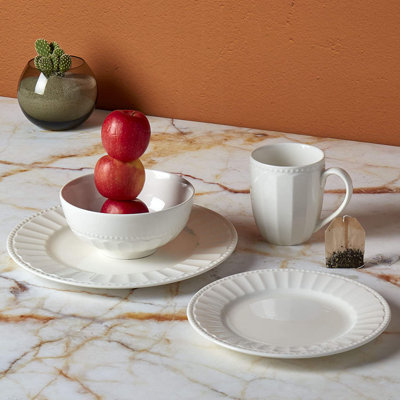 Ivory Dinnerware Tabletops Gallery Mosaico 16 Piece Set Embossed Bone White Porcelain (Dinner Plate, Salad Plate, Cereal Bowl, Mug)