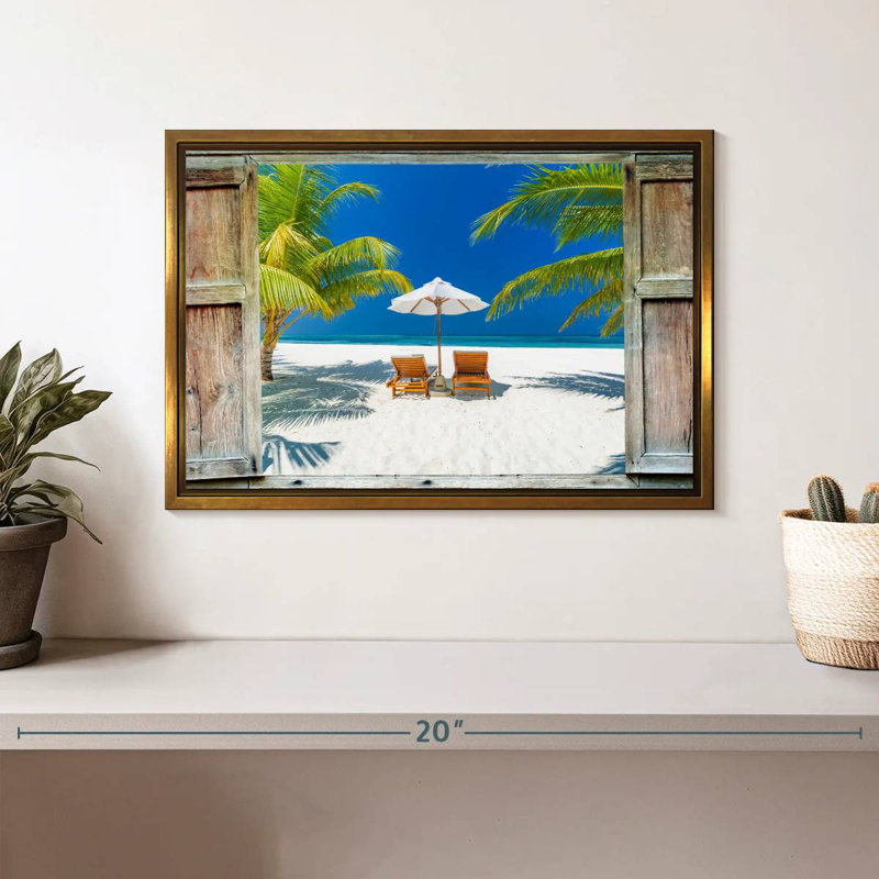 Fenêtre sur la côte des Maldives, Cadre flottant doré, 13 po x 9 po