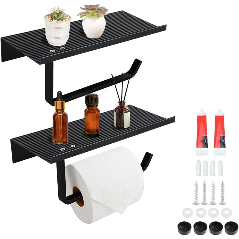 Porte-papier hygiénique auto-adhésif en aluminium noir - Distributeur mural de salle de bain et de cuisine peu encombrant avec compartiment de rangement antidérapant