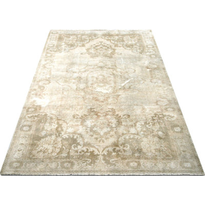 Tapis gris / beige en laine noué à la main de conception unique des années 1960 de 6 pi x 9 pi 1 po