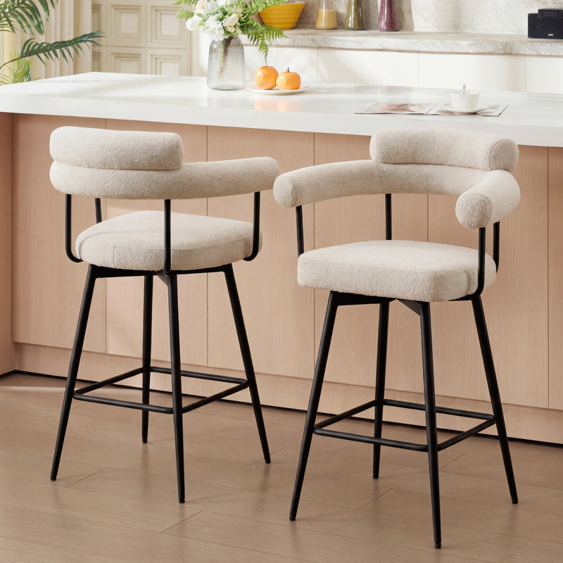 Kiylan Swivel Upholstered 26.7" Linen Counter Stool with Curved Wing Back and Metal Frame, Linen Beige
