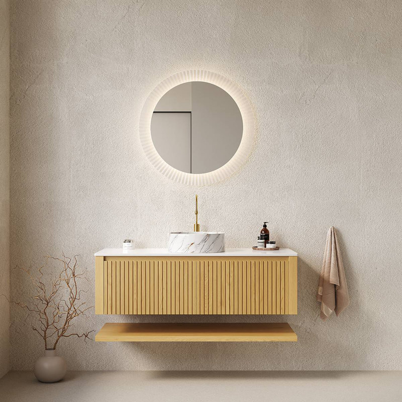 Meuble-lavabo de 48 po avec lavabo, armoire de rangement murale en contreplaqué avec tiroirs et tablette ouverte, comptoir en pierre frittée et lavabo en céramique, pré-assemblé