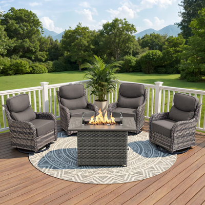 4 - Person Patio Furniture Chair Set With Fire Pit Table, 4 Swivel Glider Chairs With 6-Inch Cushions