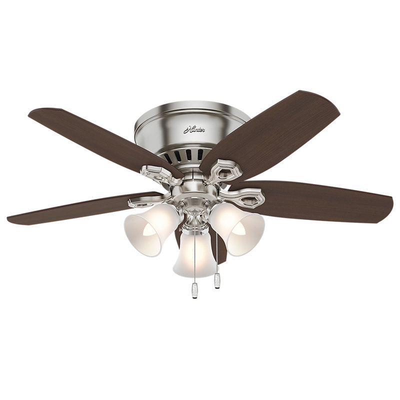 42" Builder Low Profile 5 - Blade Flush Mount Ceiling Fan with Pull Chain and Light Kit Included, Brushed Nickel