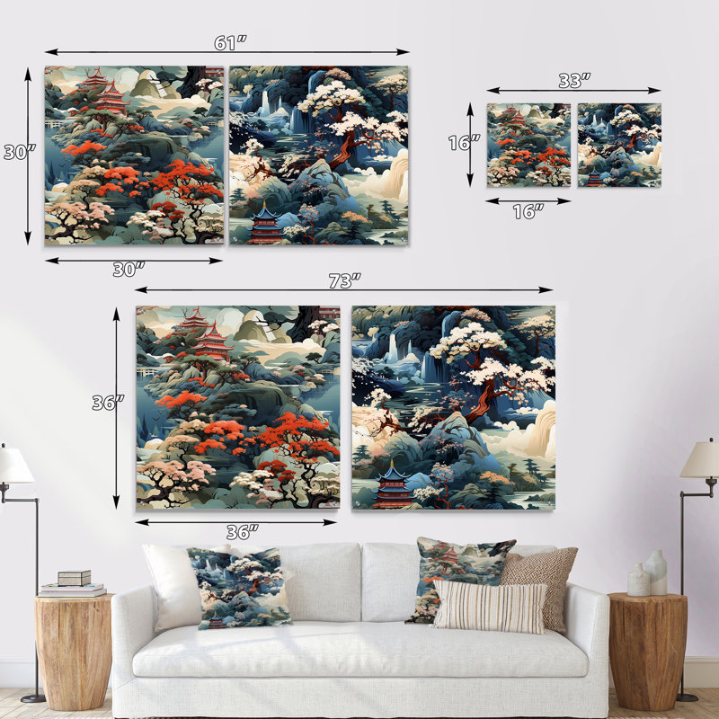 Stourbridge - Japon, ensemble de 2 peintures murales en acrylique, H 16 po x l 33 po