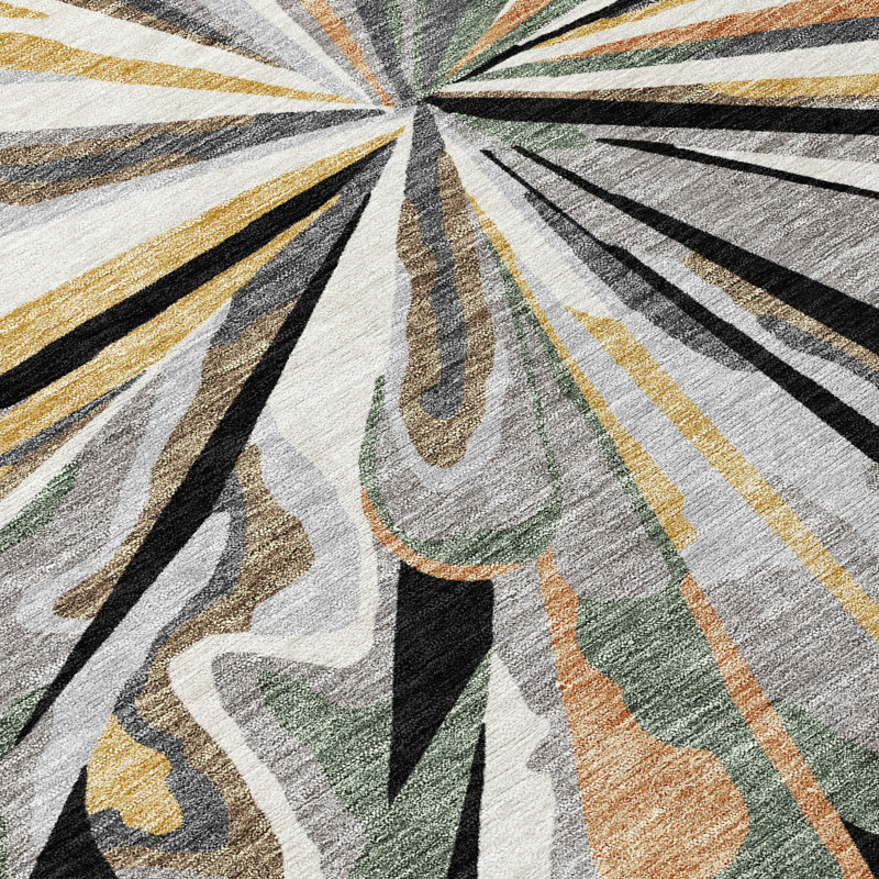 Tapis abstrait lavable à la machine intérieur / extérieur ACN2838, Noir, 10 pi x 14 pi