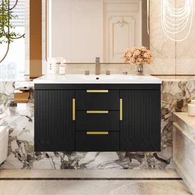 36'' Wall Mounted Bathroom Vanity With Resin Sink, Floating Bathroom Storage Cabinet With 2 Drawers, Solid Wood Bathroom Cabinet