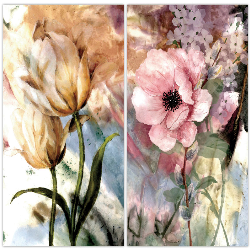 "Pastel Fleur I&II", ensemble d'art mural en verre trempé flottant inversé sans cadre