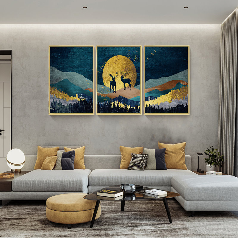 Mountain - ensemble de 3 reproductions sur toile flottantes, Cadre doré, H 16,3 po x l 36,3 po x P 1,65 po