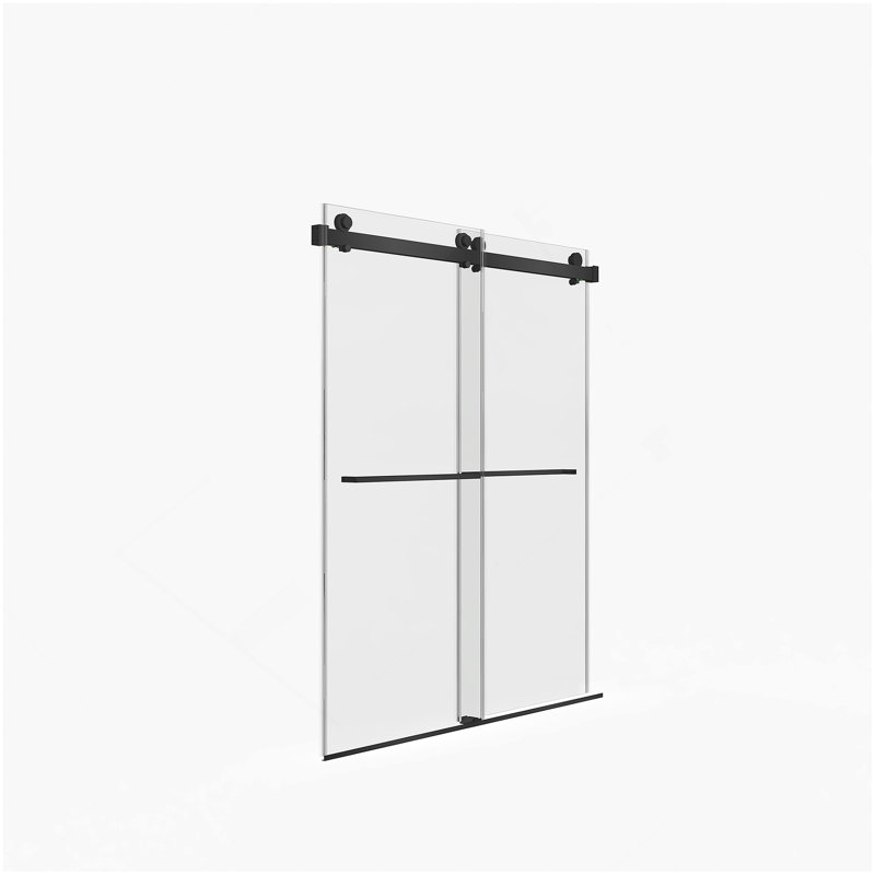Porte de douche coulissante double sans cadre de 56 à 60 po x H 70 po, verre trempé clair de 5/16 po (8 mm) de large épaisseur, couche facile à nettoyer à double face, fini noir mat avec tampon