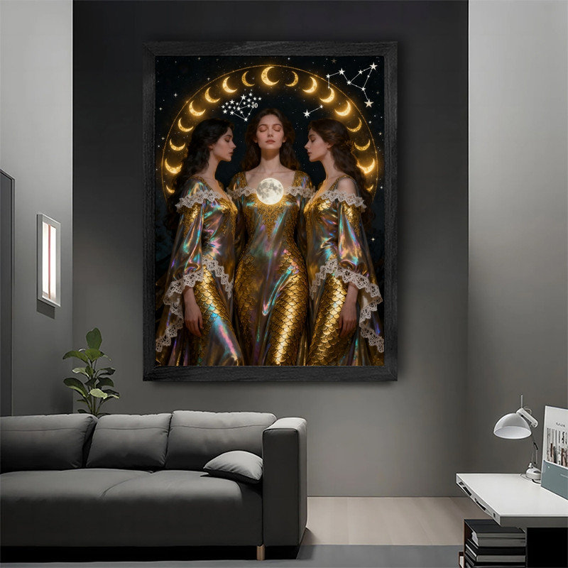 Art mural encadré noir, déesse de la lune rétro, impression de cadre mystique gothique céleste, H 17 po x l 13 po