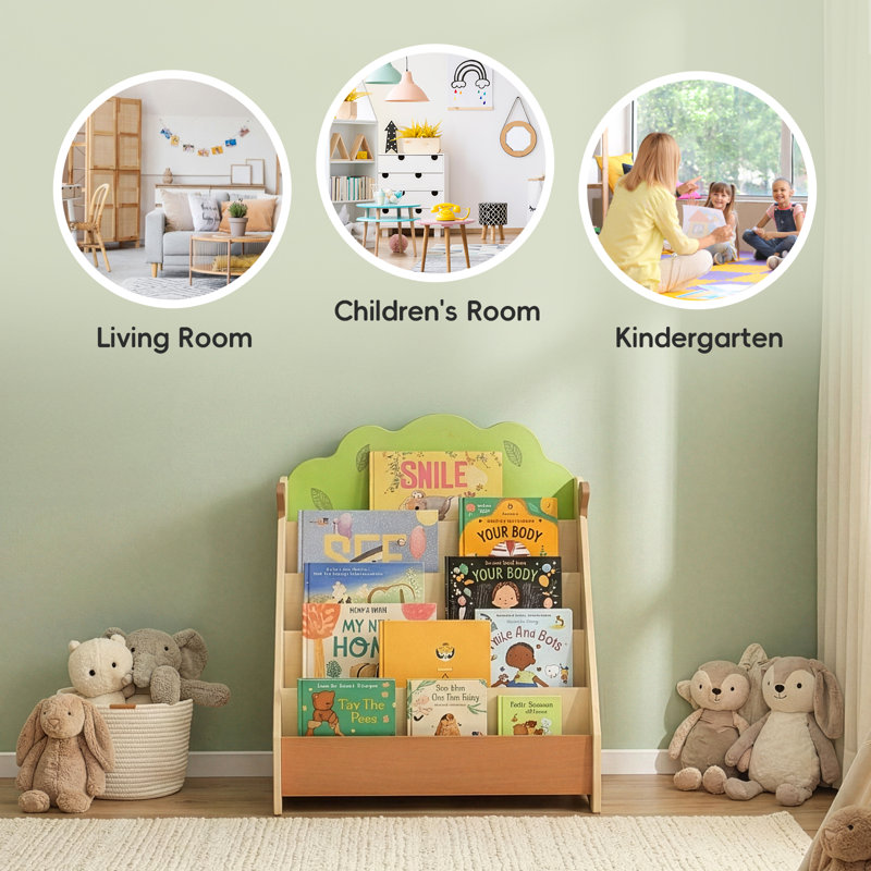 Bibliothèque pour enfants en bois de pin massif, organisateur de livres pour tout-petits à 5 niveaux, bibliothèque pour enfants en forme d'arbre