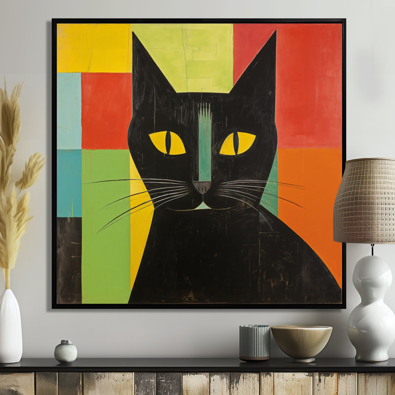 Portrait de chat noir minimal - salon d'art mural chat, Toile avec cadre noir, H 16 po x l 16 po x P 1 po