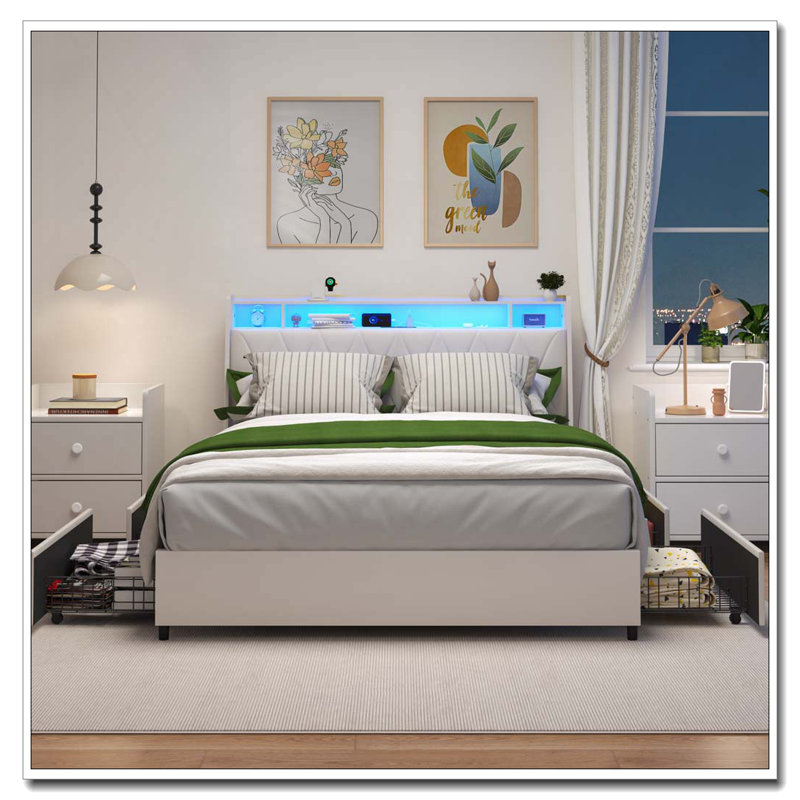 Cadre de grand lit avec tête de lit ergonomique, cadre de lit plateforme grand avec prises et chargeur et lumière DEL, Blanc