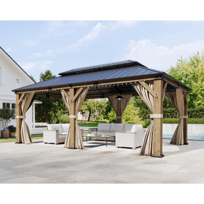 Pavillon de jardin classique en bois massif de 12 pi x 20 pi avec double toit en fer, filet et rideaux