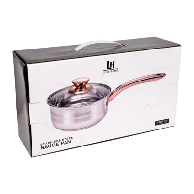 Stainless Steel 1.7 Qt Sauce Pan Matte with Polished Stripes & Rose Gold Handle