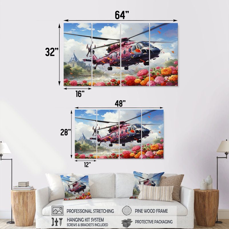 «Hel héliport Sprintime Flowers Horizon», art mural 4 pièces, H 32 po x l 64 po