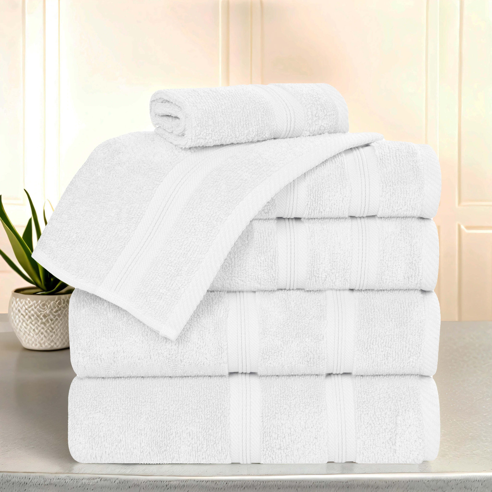6-Piece Quick-Dry Cotton Towel Set, White