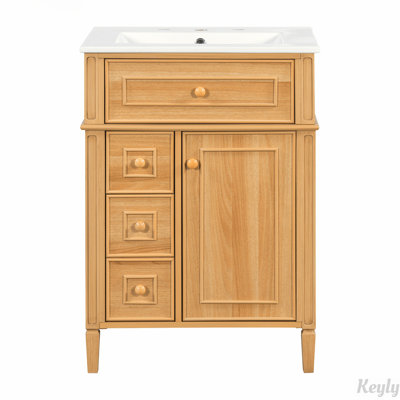 24" Bathroom Vanity with Sink, Wood Vanity Cabinet with Flip-Out Drawer, 2 Soft-Close Drawers, 1 Soft-Close Door, Solid Wood & MDF, Elegant Wood Handles