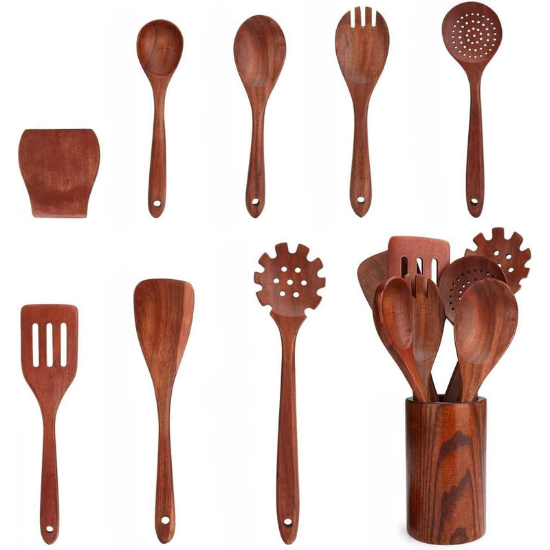 Ensemble d'ustensiles de cuisine en bois 16 pièces, cuillères en bois naturel et ustensiles de cuisine pour batterie de cuisine antiadhésive, léger, durable et écologique