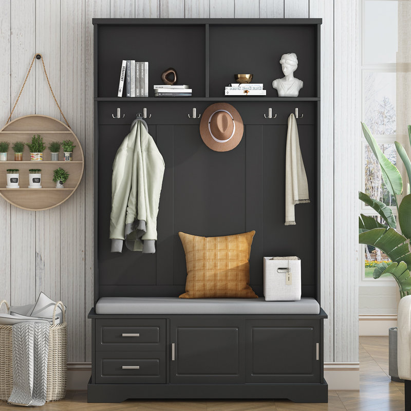 Black Hall Tree with Sliding Doors and Gray Cushion
