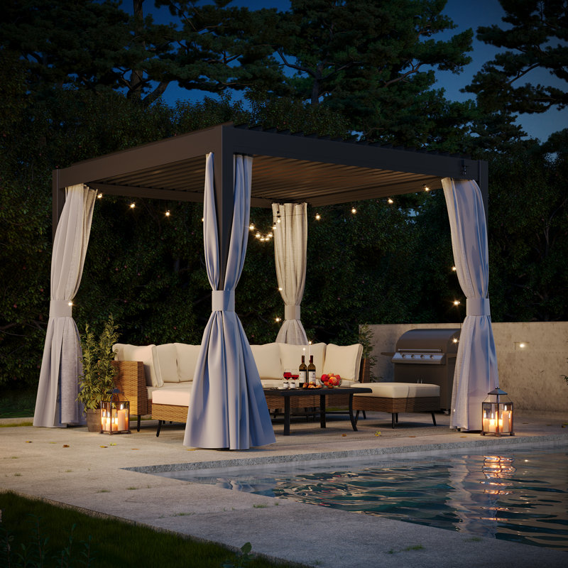 10 Ft. W x 10 Ft. D Metal Pergola, Black with Curtain