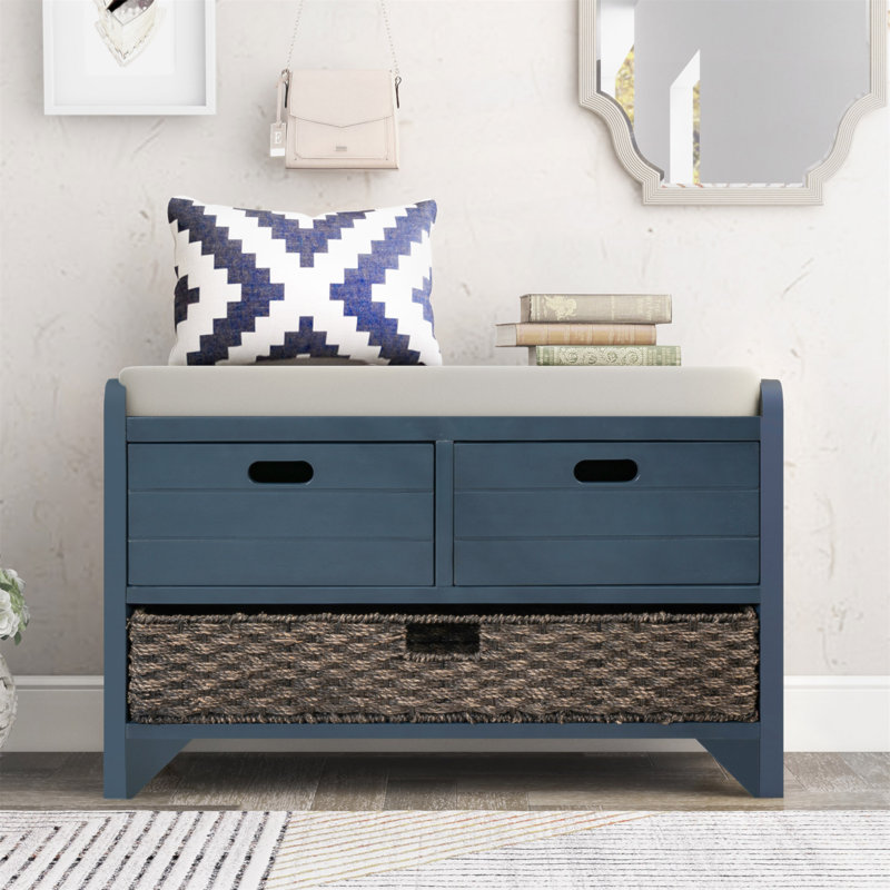 Banc de rangement avec panier amovible et 2 tiroirs, banc à chaussures entièrement assemblé avec coussin amovible, Marine