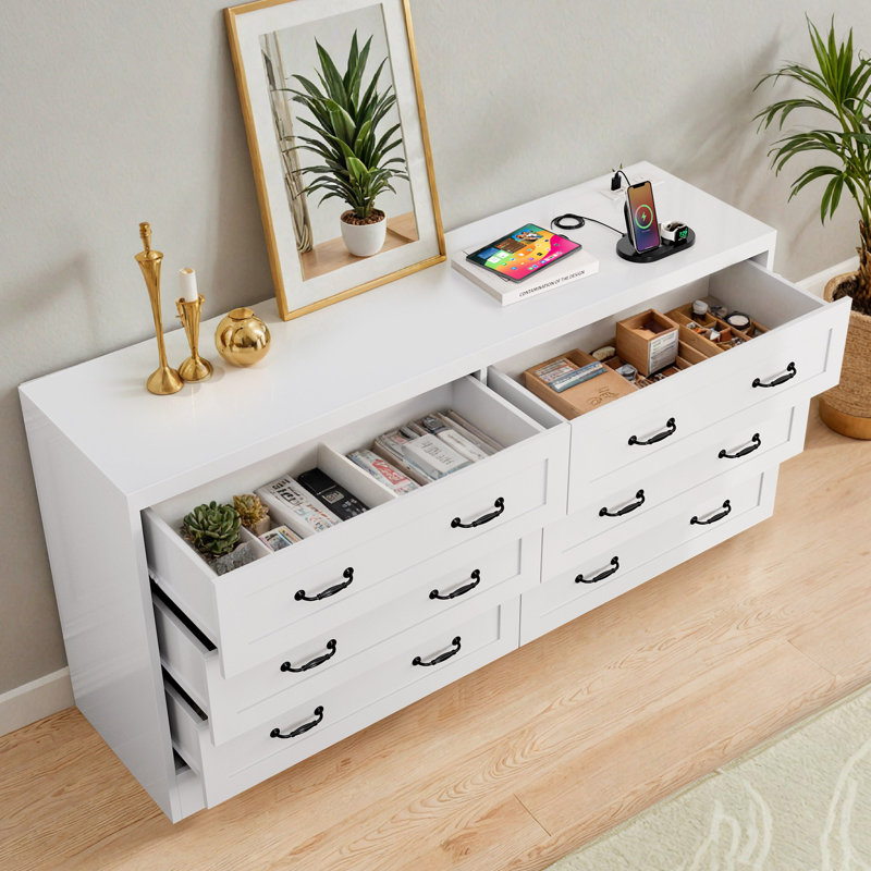 Multi-Functional 6 - Drawer Dresser with Power Outlets & Spacious Storage, White