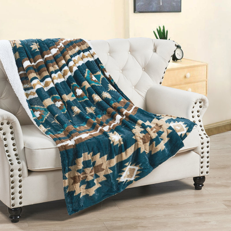 Southwest Faux Fur Sherpa Throw Blanket, Bleu sarcelle foncée, L 60 po x l 50 po