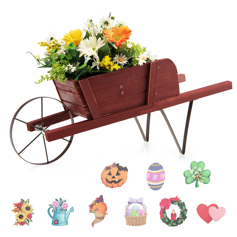 Pot à fleurs August Grove® Pot à fleurs brouette en bois de pin massif avec support en métal triangulaire et 2 poignées écoénergétiques Noyer mobile