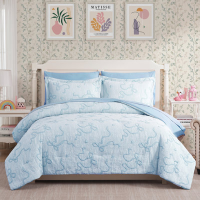 Geniospin Light Blue Full Comforter Set - 7 Pieces Bowknot Jacquard Bed in A Bag Full Bedding Sets with Sheets, Pillowcases & Shams, All Season Kids Comforter Set