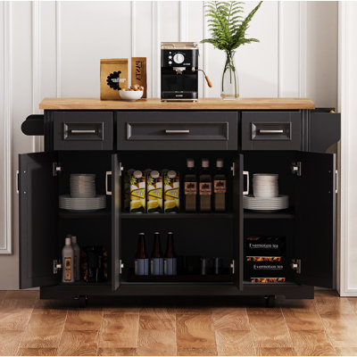 54" Large Kitchen Island with Rubber Wood Drop Leaf, Rolling Kitchen Cart on Wheels with 4 Doors & 3 Drawers, Rustic  Kitchen Island with Storage