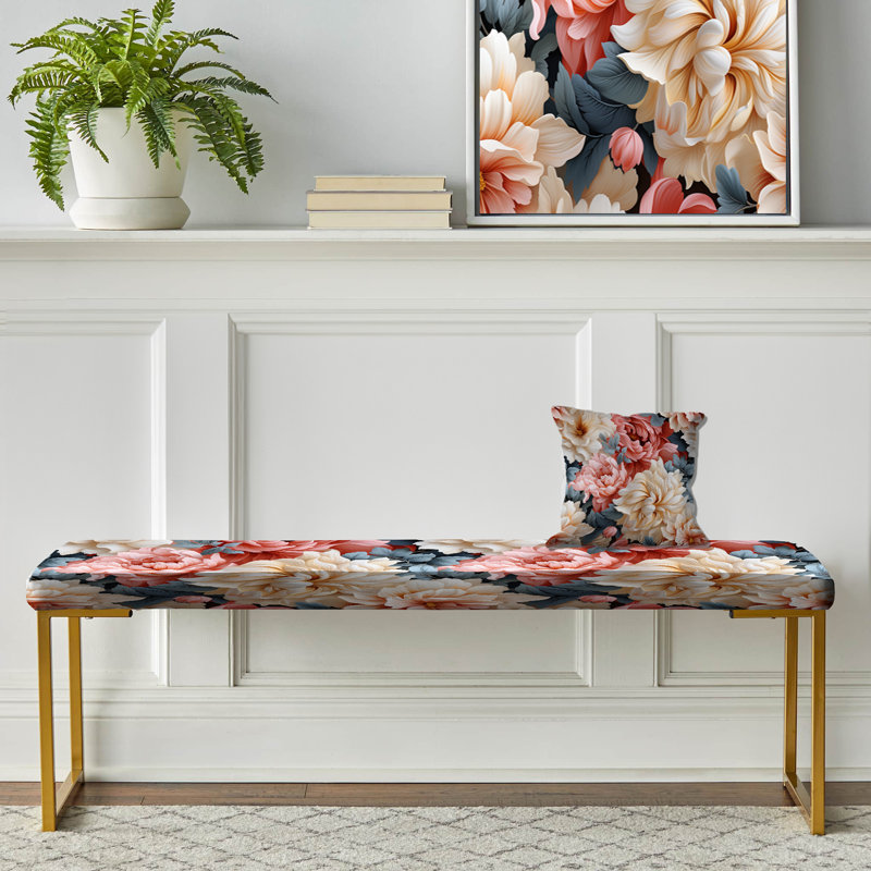 Floral Upholstered Gold Bench, Beige And Pink Timeless Peony Delights 