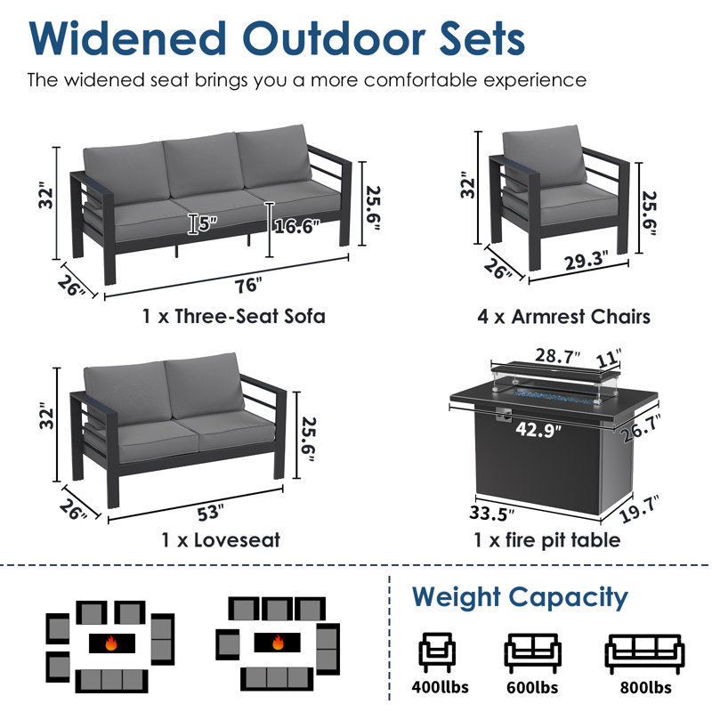 9 - Person Outdoor Seating Group With Cushions, Dark Gray, Black