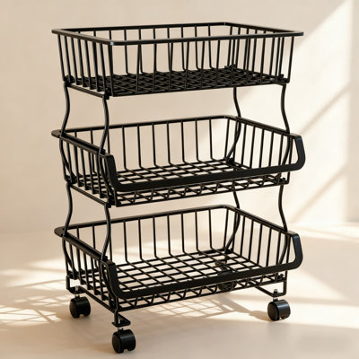 3-Tier Rolling Pantry Organizer Cart With Lockable Wheels And Baskets - Stackable Wire Storage Cart For Kitchen, Pantry, Fruits, Vegetables, Snacks, And Canned Goods