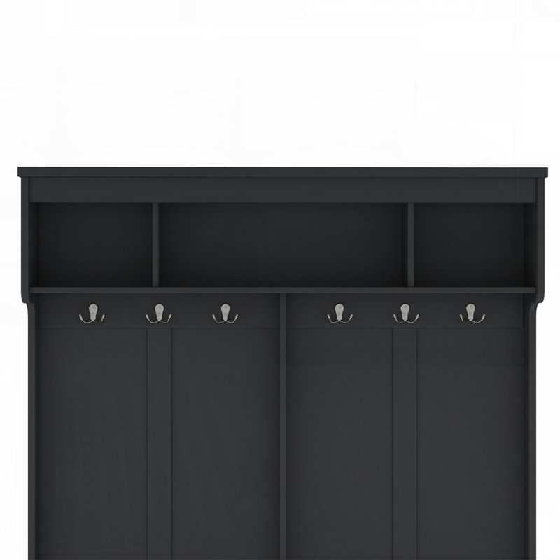 Modern Hall Tree With Metal Hooks, 3 Compartments, Shoe Cubbies And Wide Bench, Black
