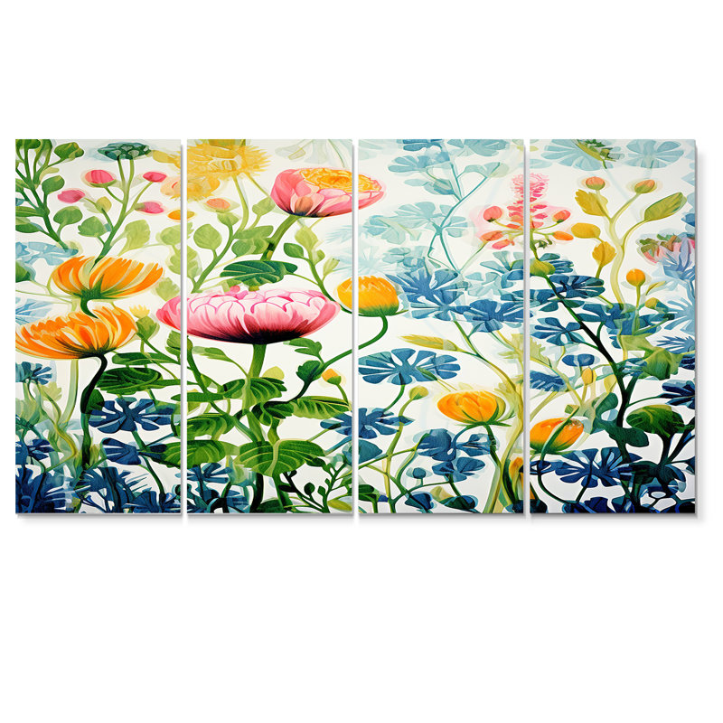Pivoine vibrante dans la prairie - art mural sur toile 4 pièces, H 32 po x l 64 po