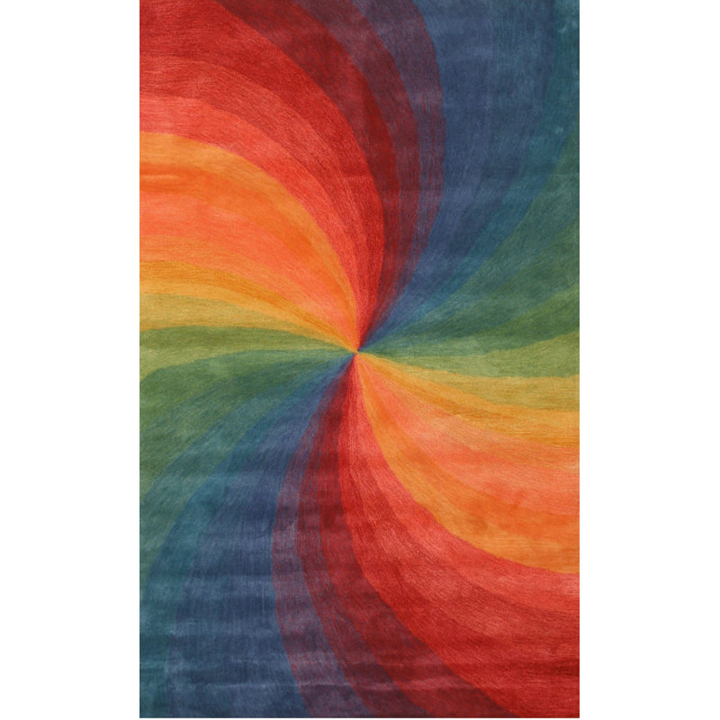 Hand Tufted Wool Area Rug, Round 4', Orange/Blue