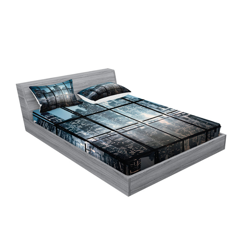 Drap-housse et coussin décoratif Ambesonne City noir et bleu foncé, Ensemble de draps pour très grand lit californien