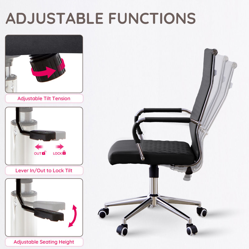 Executive Office Swivel Chair With Patterned Leather Back, Black