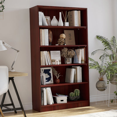 Bibliothèque ajustable de 60 pouces de hauteur à 5 tablettes en bois avec construction robuste et rangement flexible pour la chambre à coucher ou le bureau.