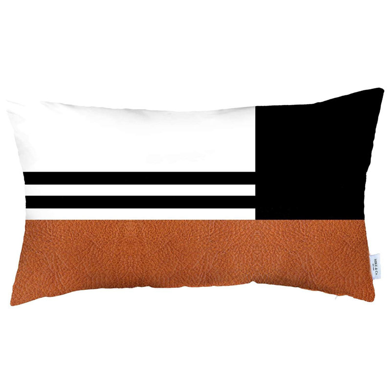 Bohemian Handmade Vegan Faux Leather Brown and Black Geometric Lumbar Pillow