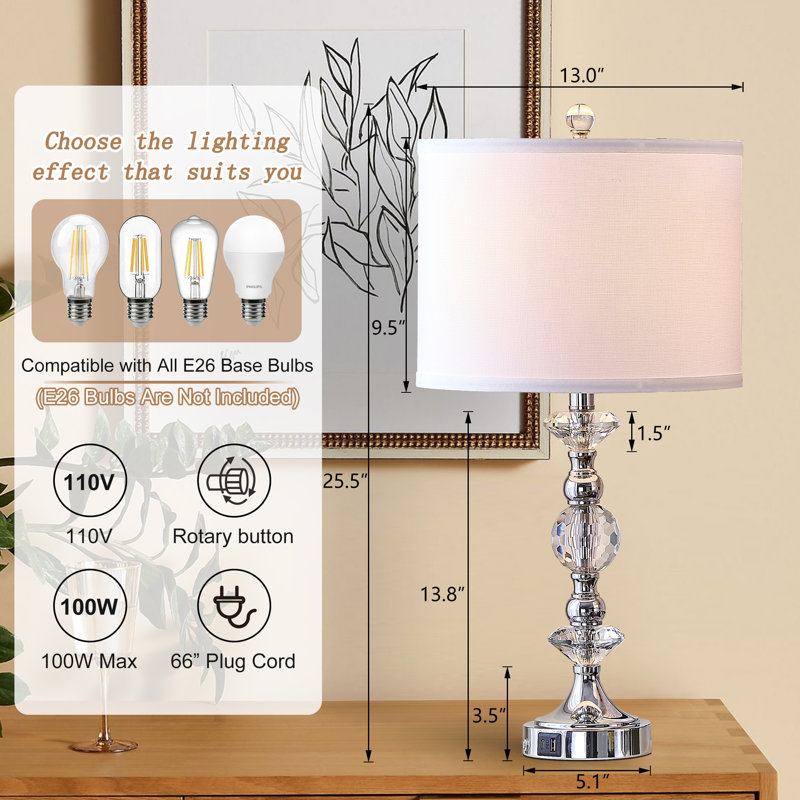 25.5" Modern Glam Metal And Crystal Table Lamp With Usb For Living Room/bedroom