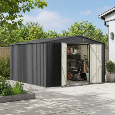 Remise de rangement en métal l 10 pi x P 10 pi avec portes doubles et toit incliné