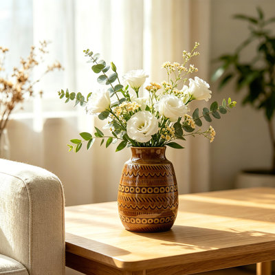 Vase en céramique gaufré réactif glacé brun foncé Boho Tribal Triangle
