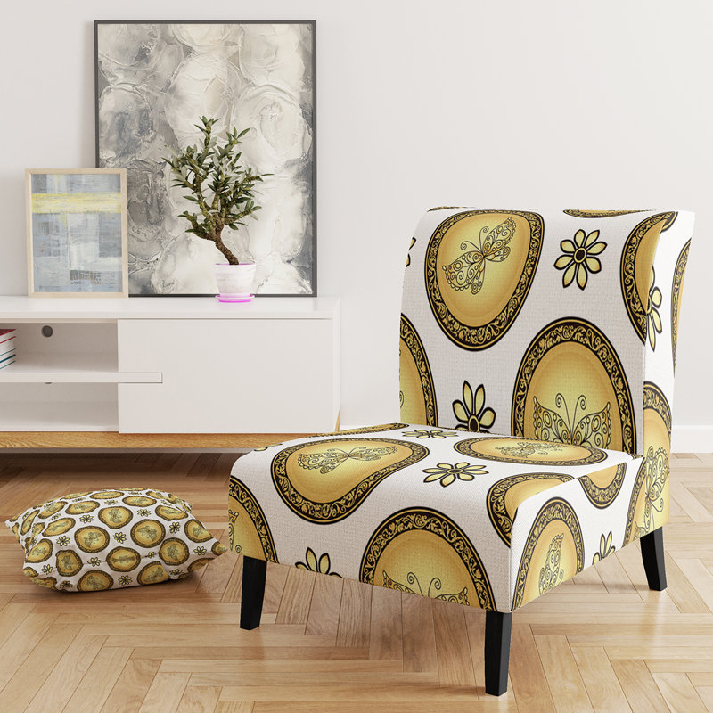 Fauteuil de chambre rembourré or et brun avec motifs de cercles rétro dégradés