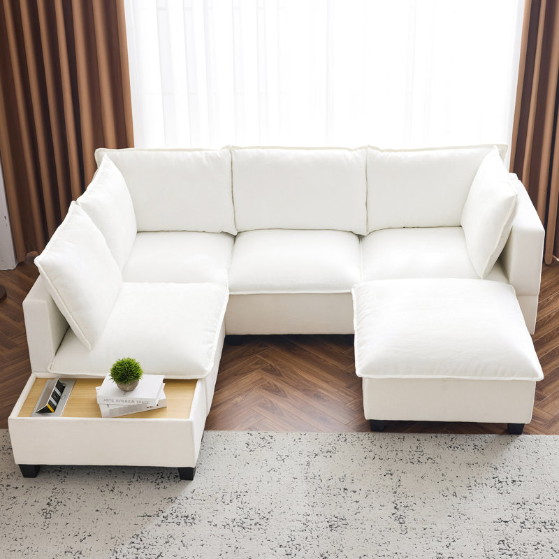 U-shaped Modular With Movable & Functional Coffee Table, White - Hidden Charging Component, Comfortable Padding Space, Material Assurance 90" Sectional And Multi-purpose Concealed Interface, Padded